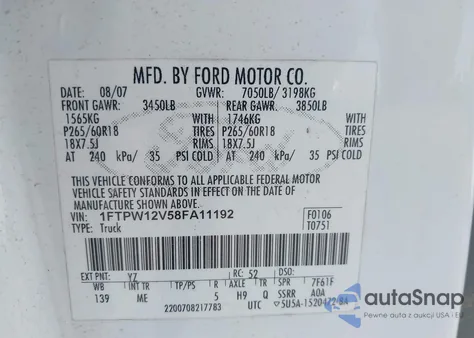 2008 Ford F-150 60Th Anniversary/Fx2/King Ranch/Lariat/Xlt z USA, uszkodzony, nr VIN 1FTPW12V58FA11192